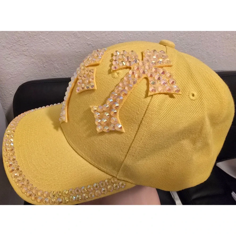 Women’s Yellow Rhinestone Cross Baseball Cap Adjustable Bling Hat NWOT